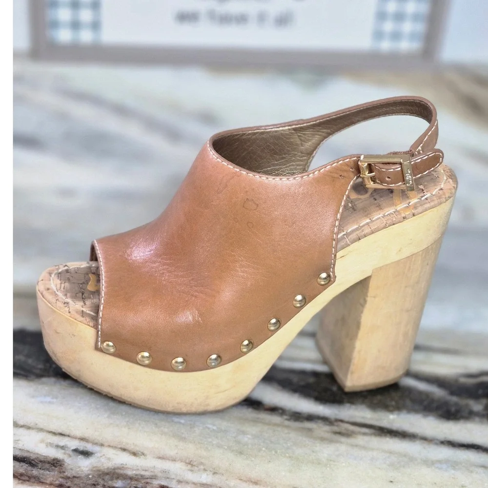 Sam Edelman Marley Tan Leather Wood Platform Studded Slingback Sandals 6.5M